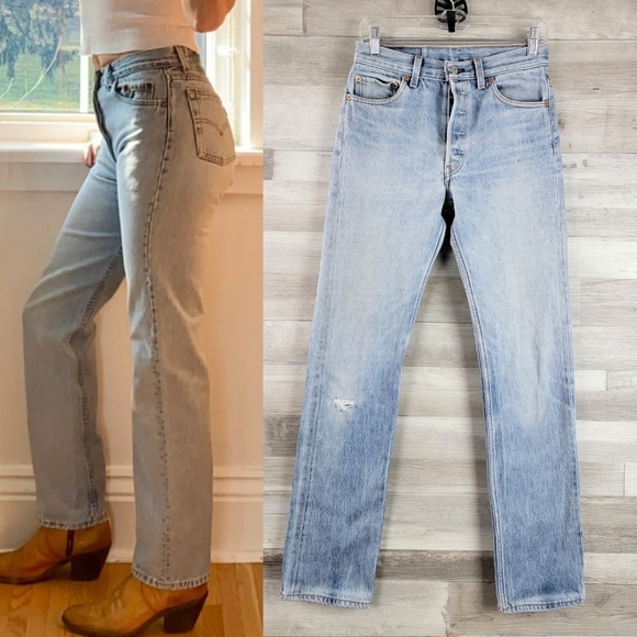 90s Levi's 501 High Rise Straight Leg Button Fly Distressed Jeans Size 28×33 - Picture 5 of 16